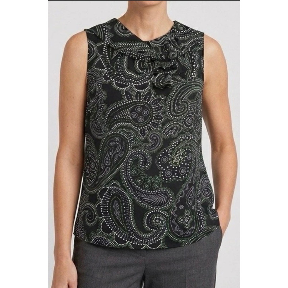 Talbots Womens Navy Green Silk Paisley Sleeveless Cowl Neck Tie Blouse Size M